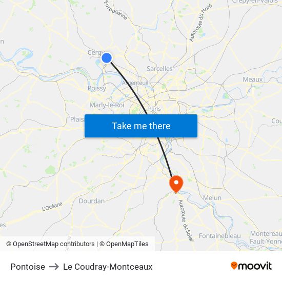 Pontoise to Le Coudray-Montceaux map