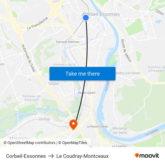 Corbeil-Essonnes to Le Coudray-Montceaux map