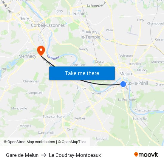 Gare de Melun to Le Coudray-Montceaux map