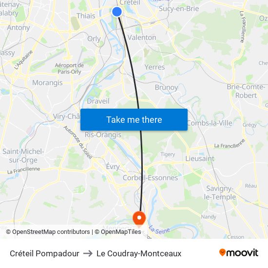 Créteil Pompadour to Le Coudray-Montceaux map