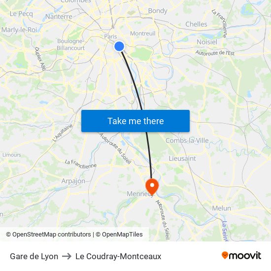 Gare de Lyon to Le Coudray-Montceaux map