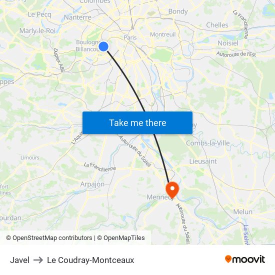 Javel to Le Coudray-Montceaux map