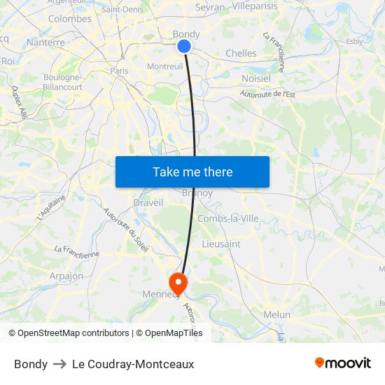 Bondy to Le Coudray-Montceaux map