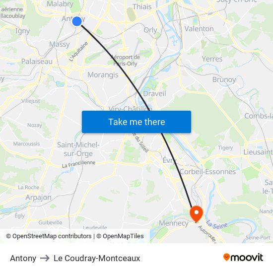 Antony to Le Coudray-Montceaux map