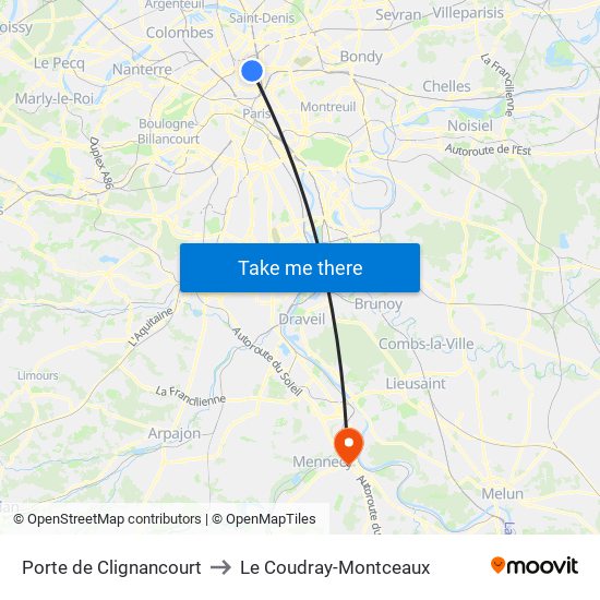 Porte de Clignancourt to Le Coudray-Montceaux map
