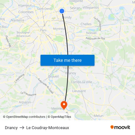 Drancy to Le Coudray-Montceaux map