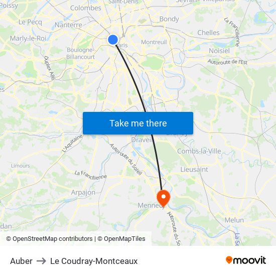 Auber to Le Coudray-Montceaux map