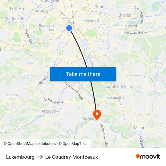 Luxembourg to Le Coudray-Montceaux map