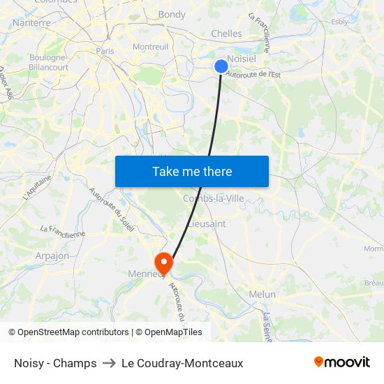 Noisy - Champs to Le Coudray-Montceaux map