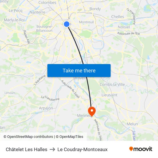 Châtelet Les Halles to Le Coudray-Montceaux map