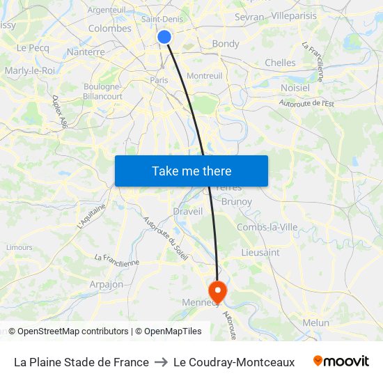 La Plaine Stade de France to Le Coudray-Montceaux map