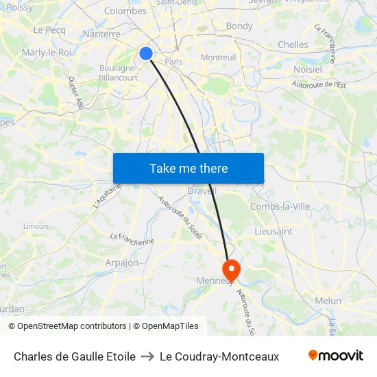 Charles de Gaulle Etoile to Le Coudray-Montceaux map
