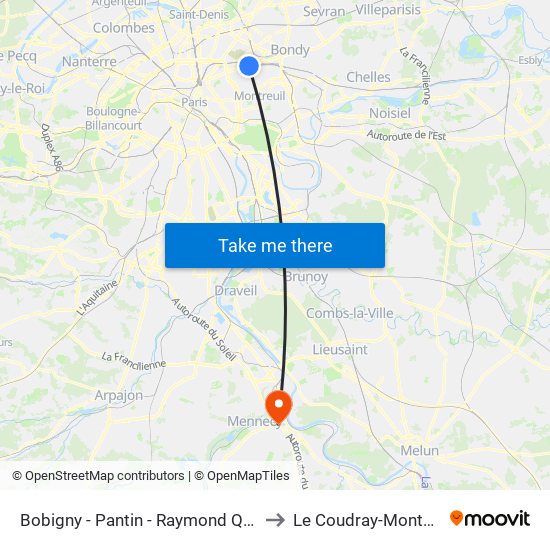 Bobigny - Pantin - Raymond Queneau to Le Coudray-Montceaux map