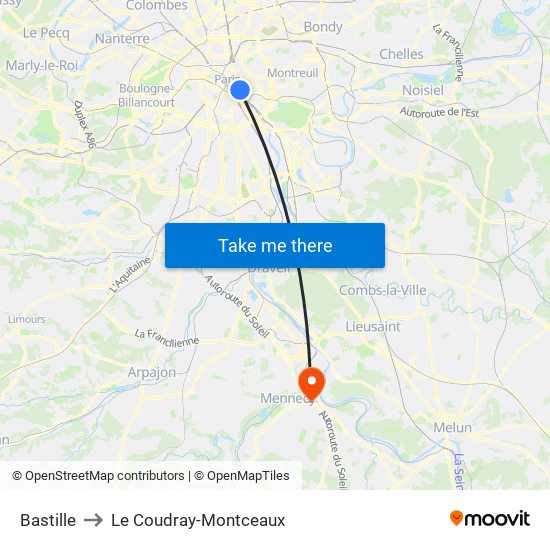 Bastille to Le Coudray-Montceaux map