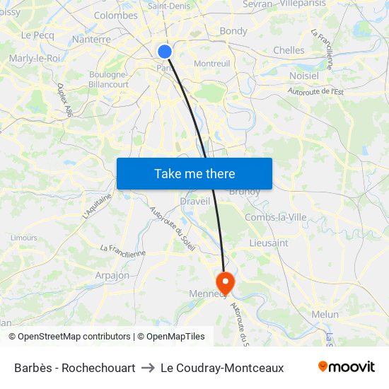 Barbès - Rochechouart to Le Coudray-Montceaux map