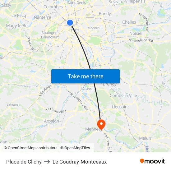 Place de Clichy to Le Coudray-Montceaux map