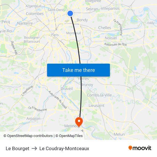 Le Bourget to Le Coudray-Montceaux map