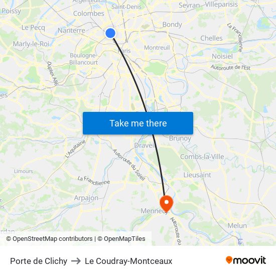 Porte de Clichy to Le Coudray-Montceaux map