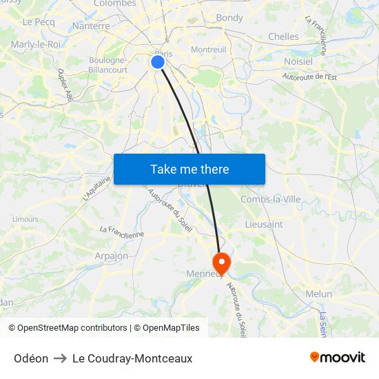 Odéon to Le Coudray-Montceaux map