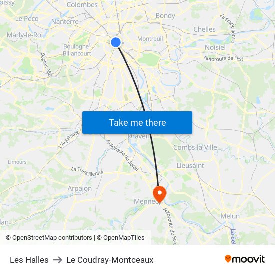 Les Halles to Le Coudray-Montceaux map