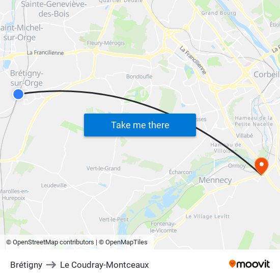 Brétigny to Le Coudray-Montceaux map