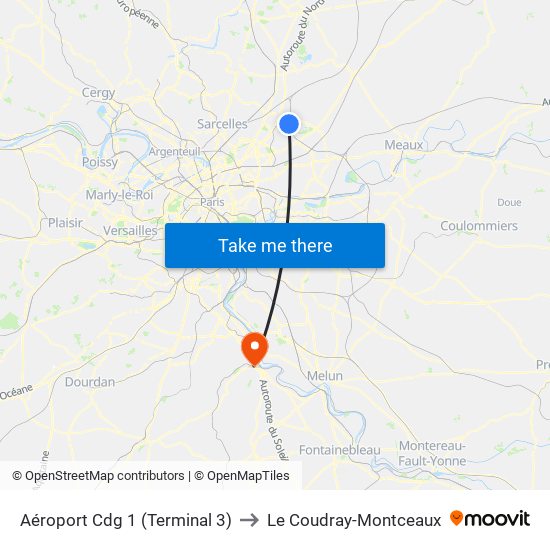 Aéroport Cdg 1 (Terminal 3) to Le Coudray-Montceaux map