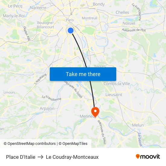 Place D'Italie to Le Coudray-Montceaux map