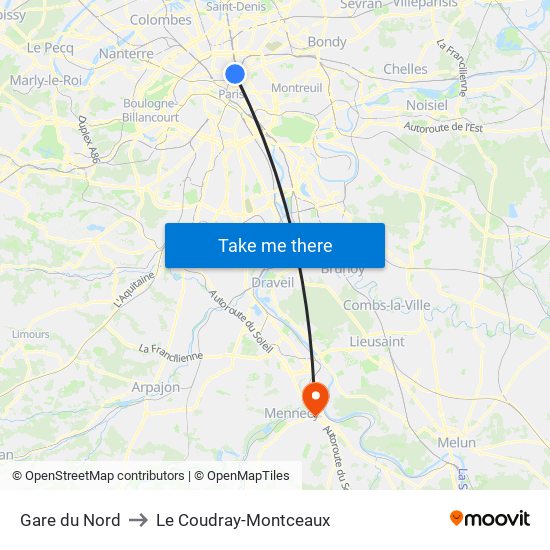 Gare du Nord to Le Coudray-Montceaux map