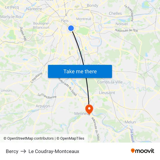 Bercy to Le Coudray-Montceaux map