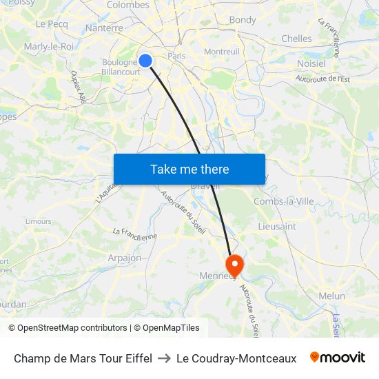 Champ de Mars Tour Eiffel to Le Coudray-Montceaux map