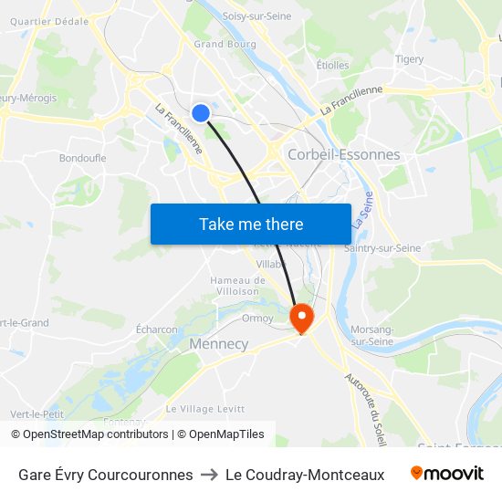 Gare Évry Courcouronnes to Le Coudray-Montceaux map