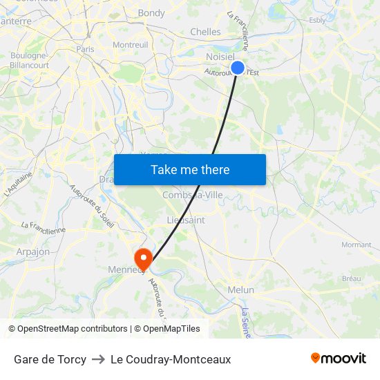 Gare de Torcy to Le Coudray-Montceaux map
