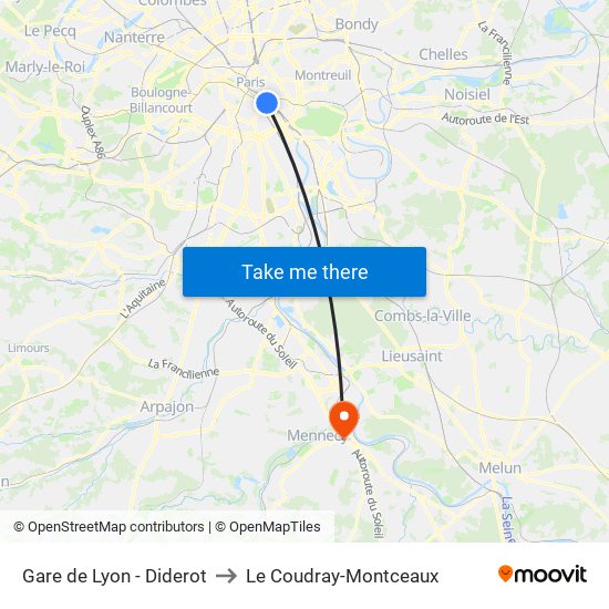 Gare de Lyon - Diderot to Le Coudray-Montceaux map