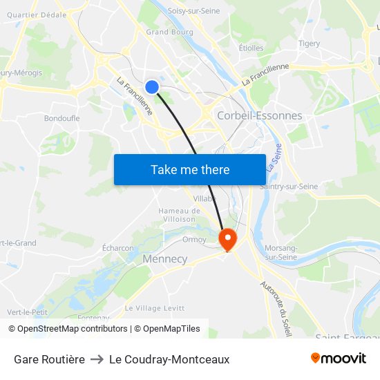 Gare Routière to Le Coudray-Montceaux map