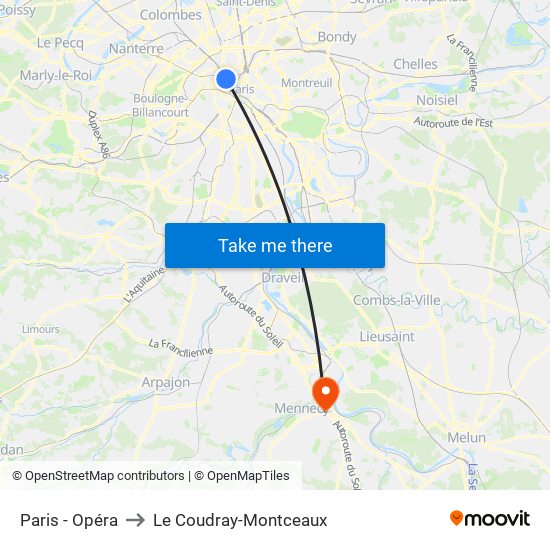 Paris - Opéra to Le Coudray-Montceaux map
