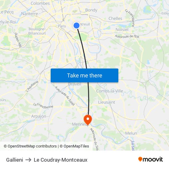 Gallieni to Le Coudray-Montceaux map