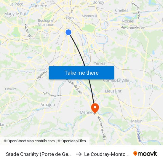 Stade Charléty (Porte de Gentilly) to Le Coudray-Montceaux map