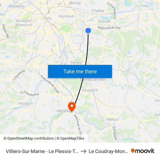 Villiers-Sur-Marne - Le Plessis-Trévise RER to Le Coudray-Montceaux map