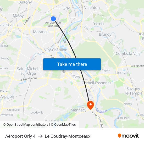 Aéroport Orly 4 to Le Coudray-Montceaux map