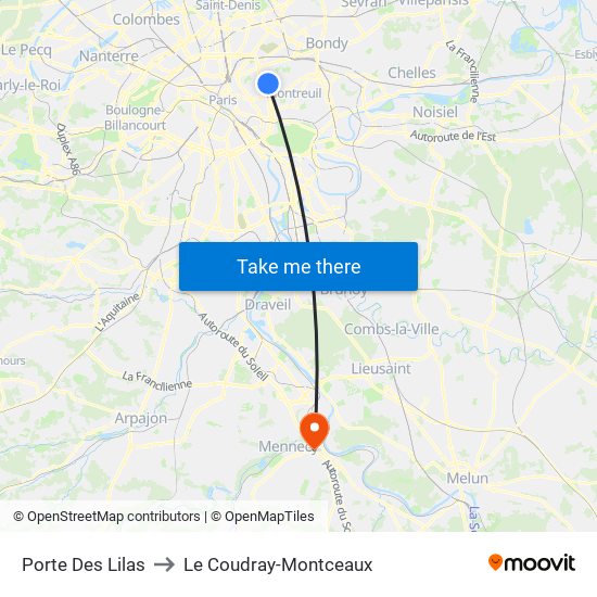Porte Des Lilas to Le Coudray-Montceaux map