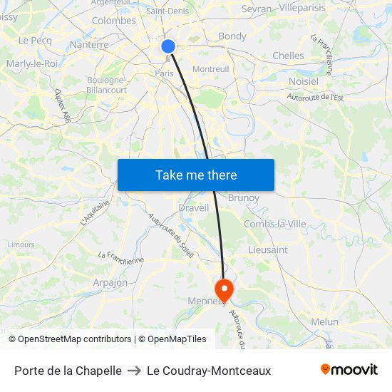 Porte de la Chapelle to Le Coudray-Montceaux map