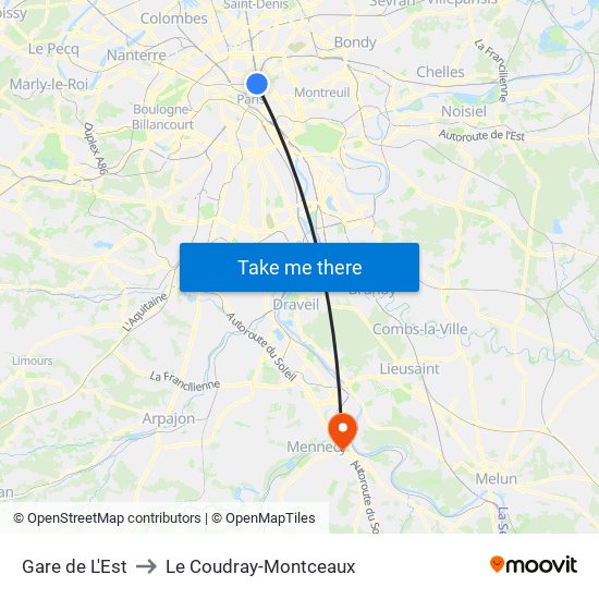 Gare de L'Est to Le Coudray-Montceaux map