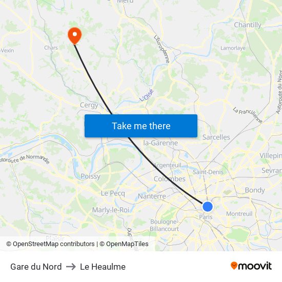 Gare du Nord to Le Heaulme map