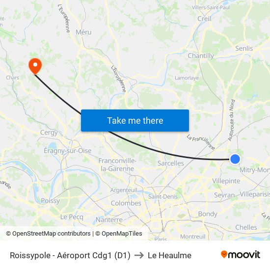 Roissypole - Aéroport Cdg1 (D1) to Le Heaulme map
