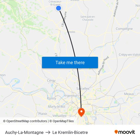 Auchy-La-Montagne to Le Kremlin-Bicetre map