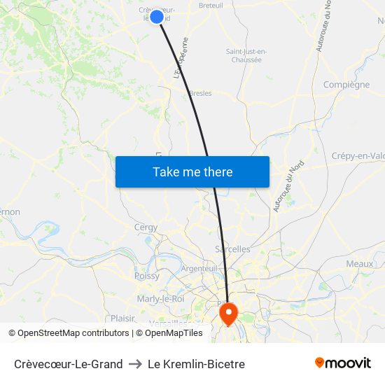 Crèvecœur-Le-Grand to Le Kremlin-Bicetre map