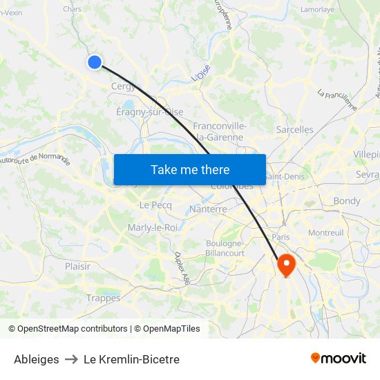 Ableiges to Le Kremlin-Bicetre map