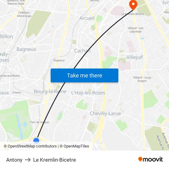 Antony to Le Kremlin-Bicetre map