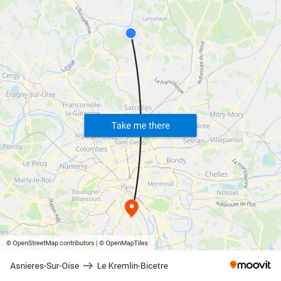 Asnieres-Sur-Oise to Le Kremlin-Bicetre map