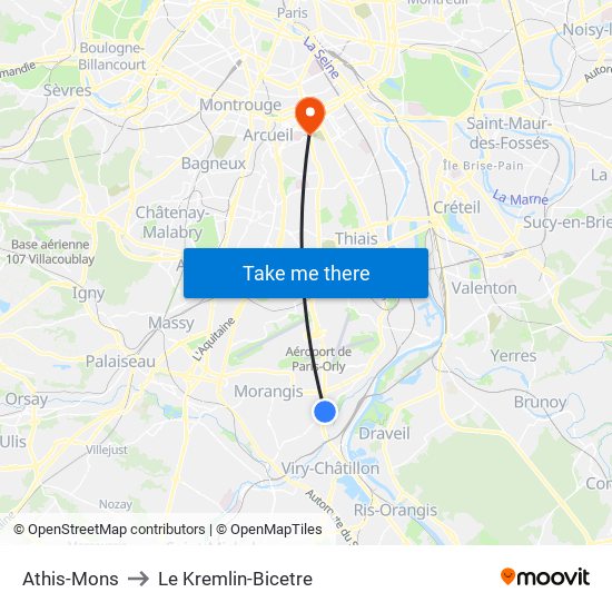 Athis-Mons to Le Kremlin-Bicetre map